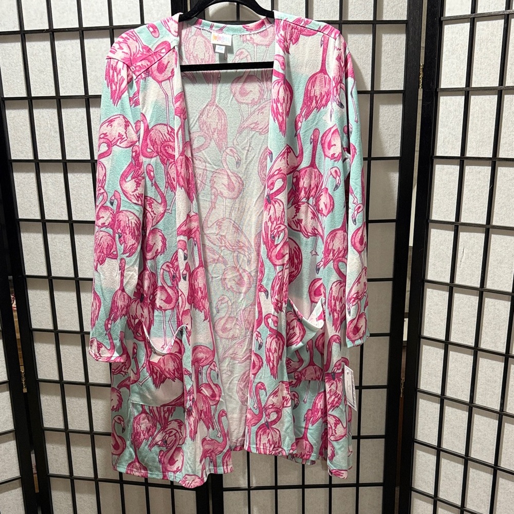 Lularoe Caroline, XLarge Mid Length Cardigan
With Flamingo Print
